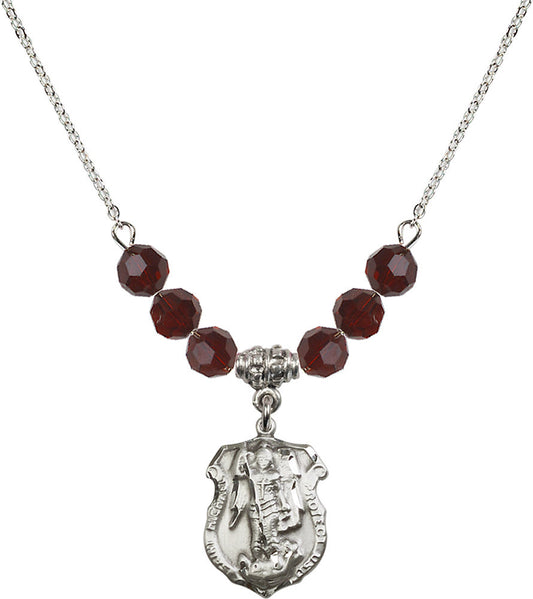 Sterling Silver Saint Michael the Archangel Birthstone Necklace with Garnet Beads - 5692
