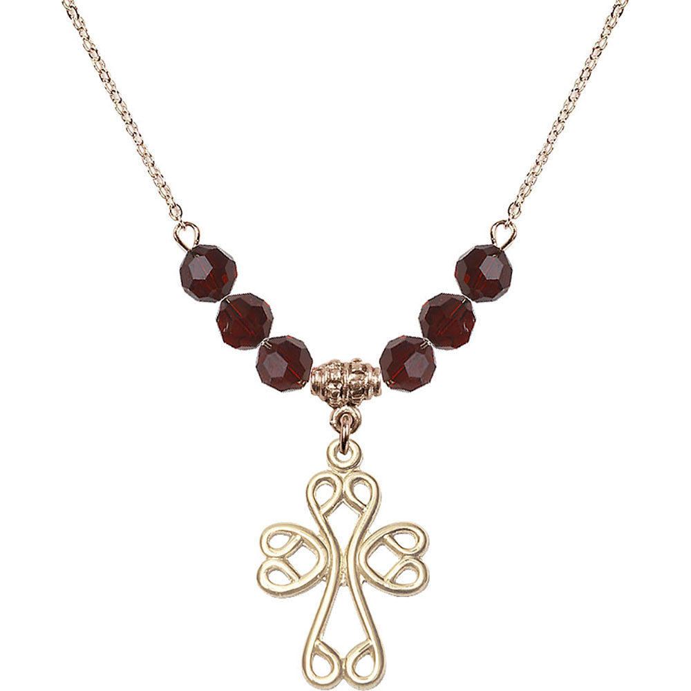 14kt Gold Filled Scroll Cross Birthstone Necklace with Garnet Beads - 5998