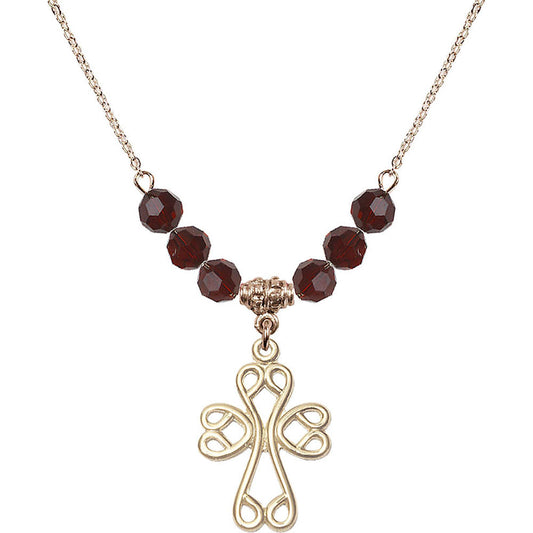 14kt Gold Filled Scroll Cross Birthstone Necklace with Garnet Beads - 5998