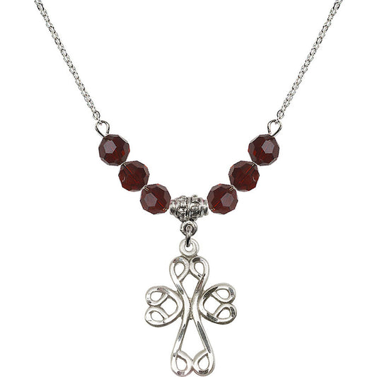 Sterling Silver Scroll Cross Birthstone Necklace with Garnet Beads - 5998