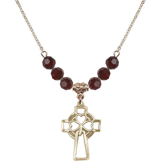 14kt Gold Filled Shamrock Cross Birthstone Necklace with Garnet Beads - 5999
