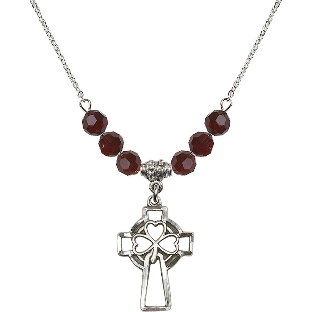 Sterling Silver Shamrock Cross Birthstone Necklace with Garnet Beads - 5999