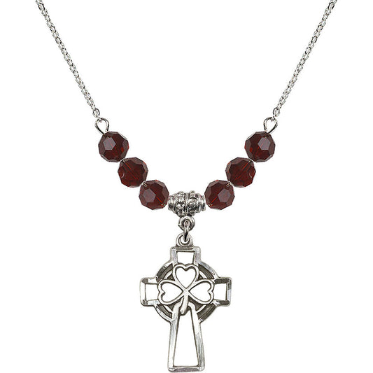 Sterling Silver Shamrock Cross Birthstone Necklace with Garnet Beads - 5999