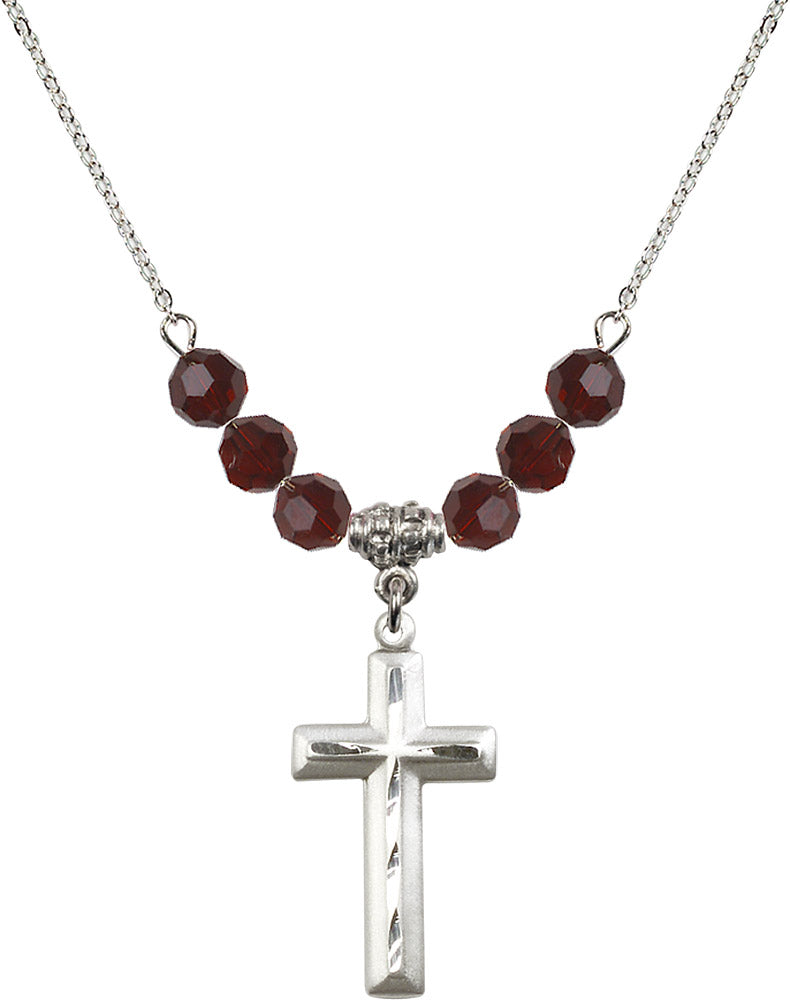 Sterling Silver Cross Birthstone Necklace with Garnet Beads - 6000