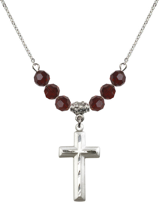 Sterling Silver Cross Birthstone Necklace with Garnet Beads - 6000