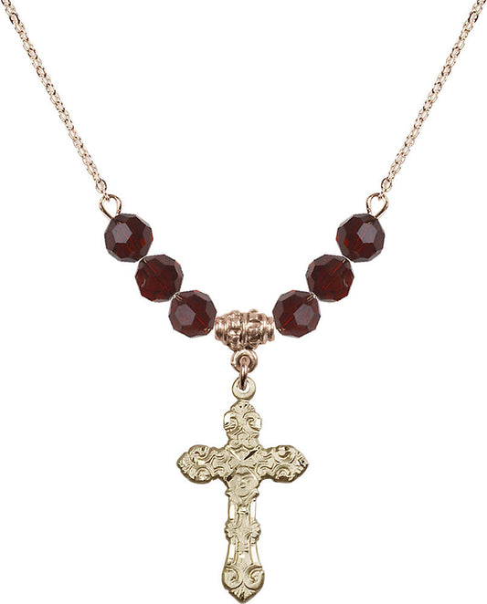 14kt Gold Filled Cross Birthstone Necklace with Garnet Beads - 6001