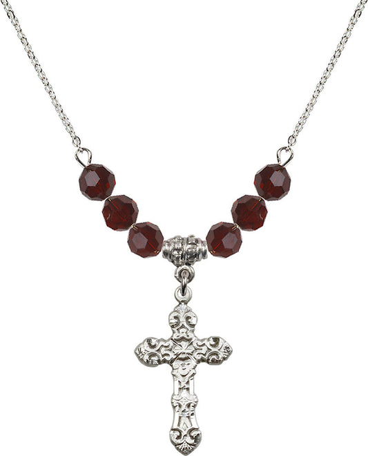 Sterling Silver Cross Birthstone Necklace with Garnet Beads - 6001