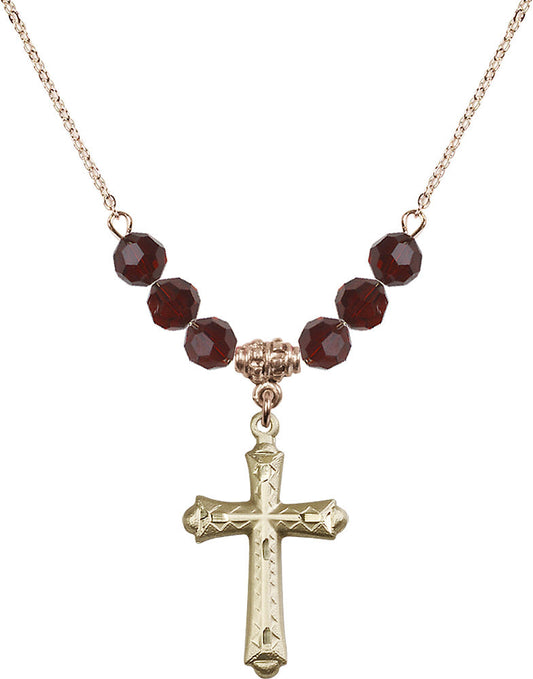 14kt Gold Filled Cross Birthstone Necklace with Garnet Beads - 6007