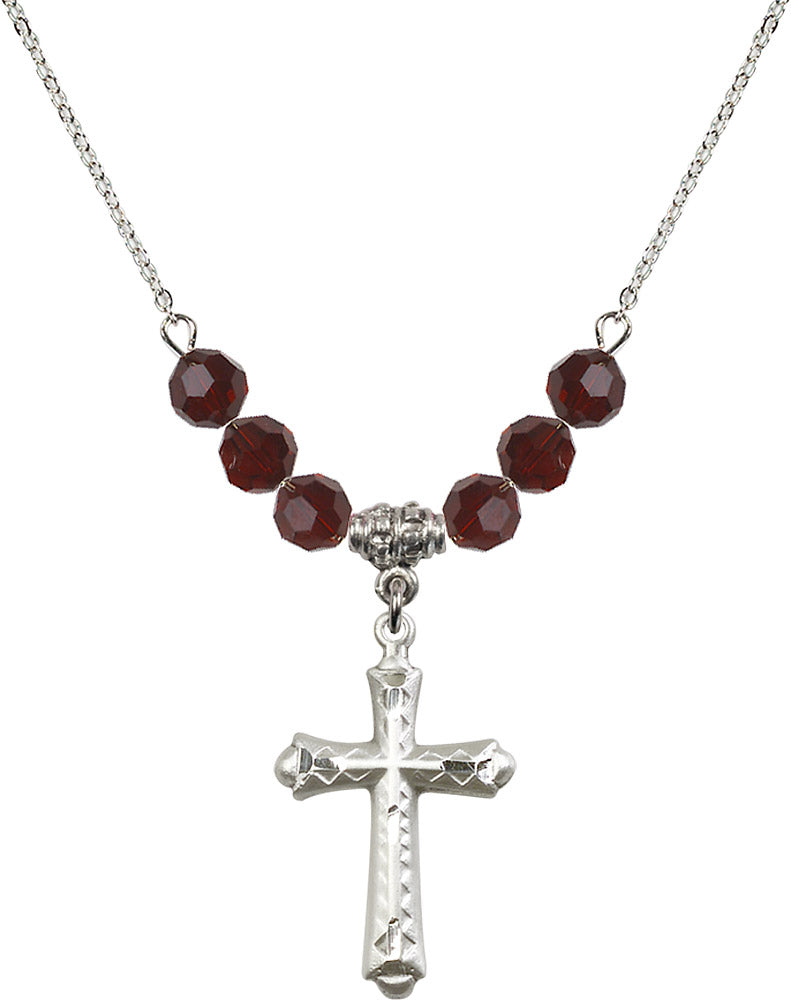 Sterling Silver Cross Birthstone Necklace with Garnet Beads - 6007
