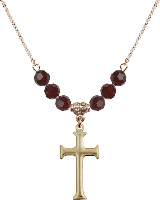 14kt Gold Filled Cross Birthstone Necklace with Garnet Beads - 6008