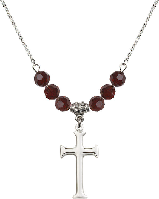 Sterling Silver Cross Birthstone Necklace with Garnet Beads - 6008