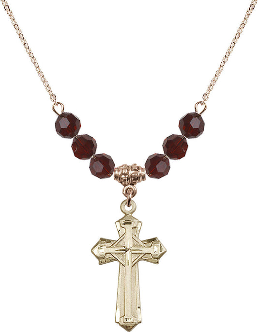 14kt Gold Filled Cross Birthstone Necklace with Garnet Beads - 6012