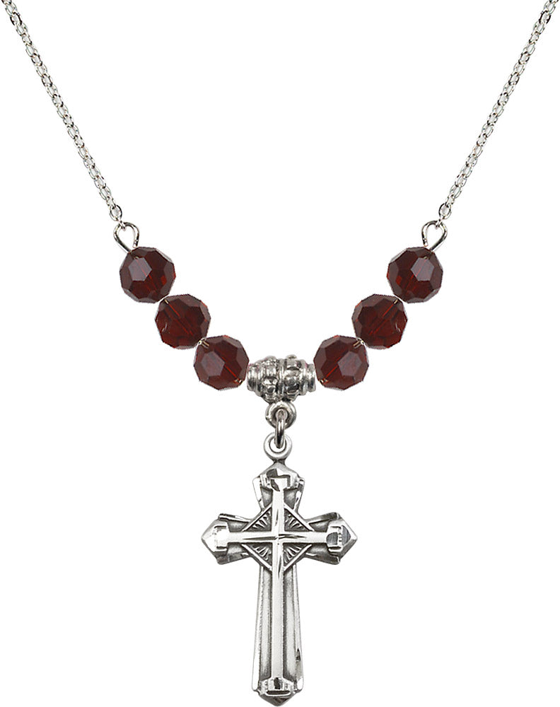 Sterling Silver Cross Birthstone Necklace with Garnet Beads - 6012