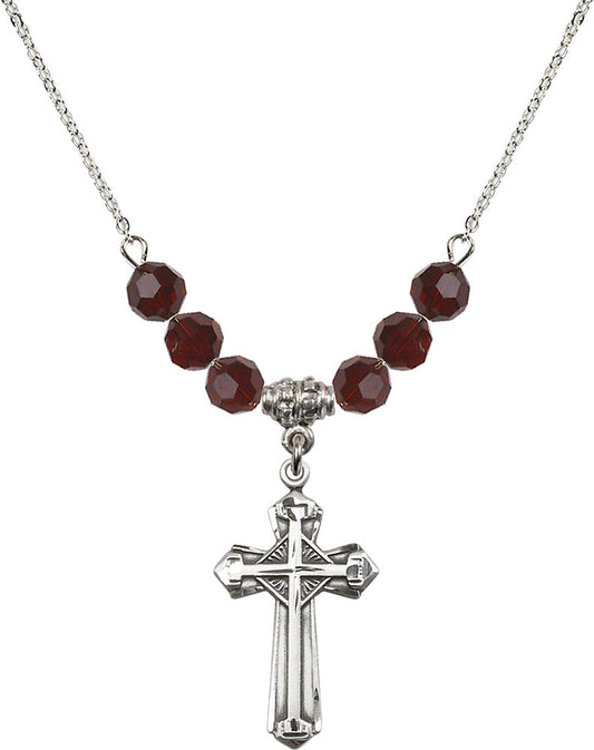 Sterling Silver Cross Birthstone Necklace with Garnet Beads - 6012