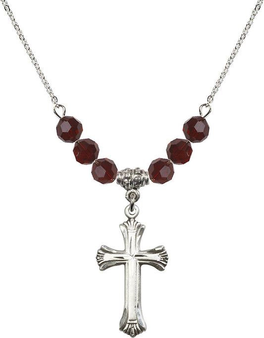 Sterling Silver Cross Birthstone Necklace with Garnet Beads - 6013