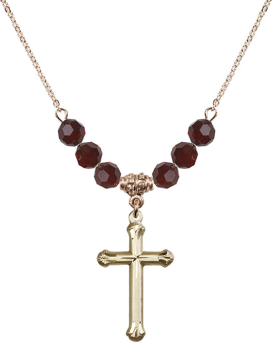 14kt Gold Filled Cross Birthstone Necklace with Garnet Beads - 6022