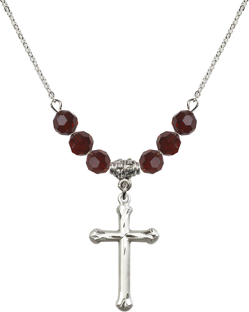 Sterling Silver Cross Birthstone Necklace with Garnet Beads - 6022