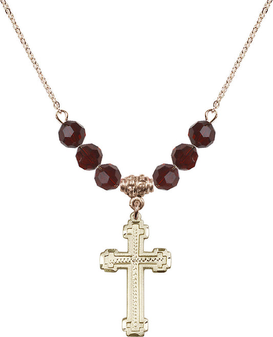 14kt Gold Filled Cross Birthstone Necklace with Garnet Beads - 6039