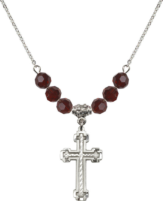 Sterling Silver Cross Birthstone Necklace with Garnet Beads - 6039