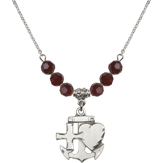 Sterling Silver Faith, Hope & Charity Birthstone Necklace with Garnet Beads - 6045
