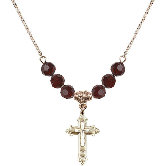 14kt Gold Filled Cross on Cross Birthstone Necklace with Garnet Beads - 6058