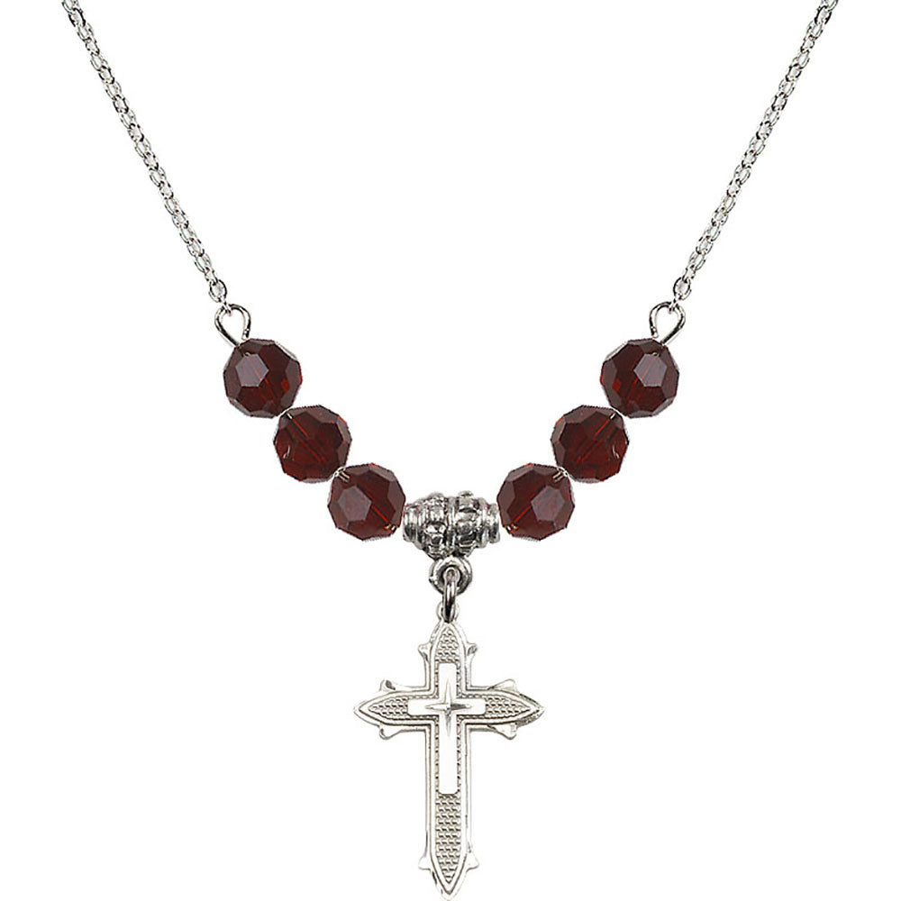 Sterling Silver Cross on Cross Birthstone Necklace with Garnet Beads - 6058