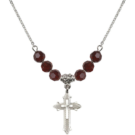 Sterling Silver Cross on Cross Birthstone Necklace with Garnet Beads - 6058