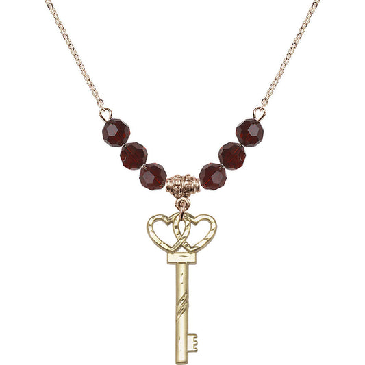 14kt Gold Filled Small Key w/Double Hearts Birthstone Necklace with Garnet Beads - 6213