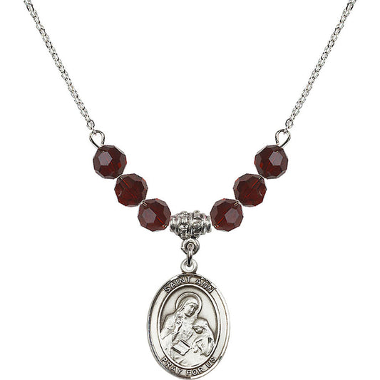 Sterling Silver Saint Ann Birthstone Necklace with Garnet Beads - 8002