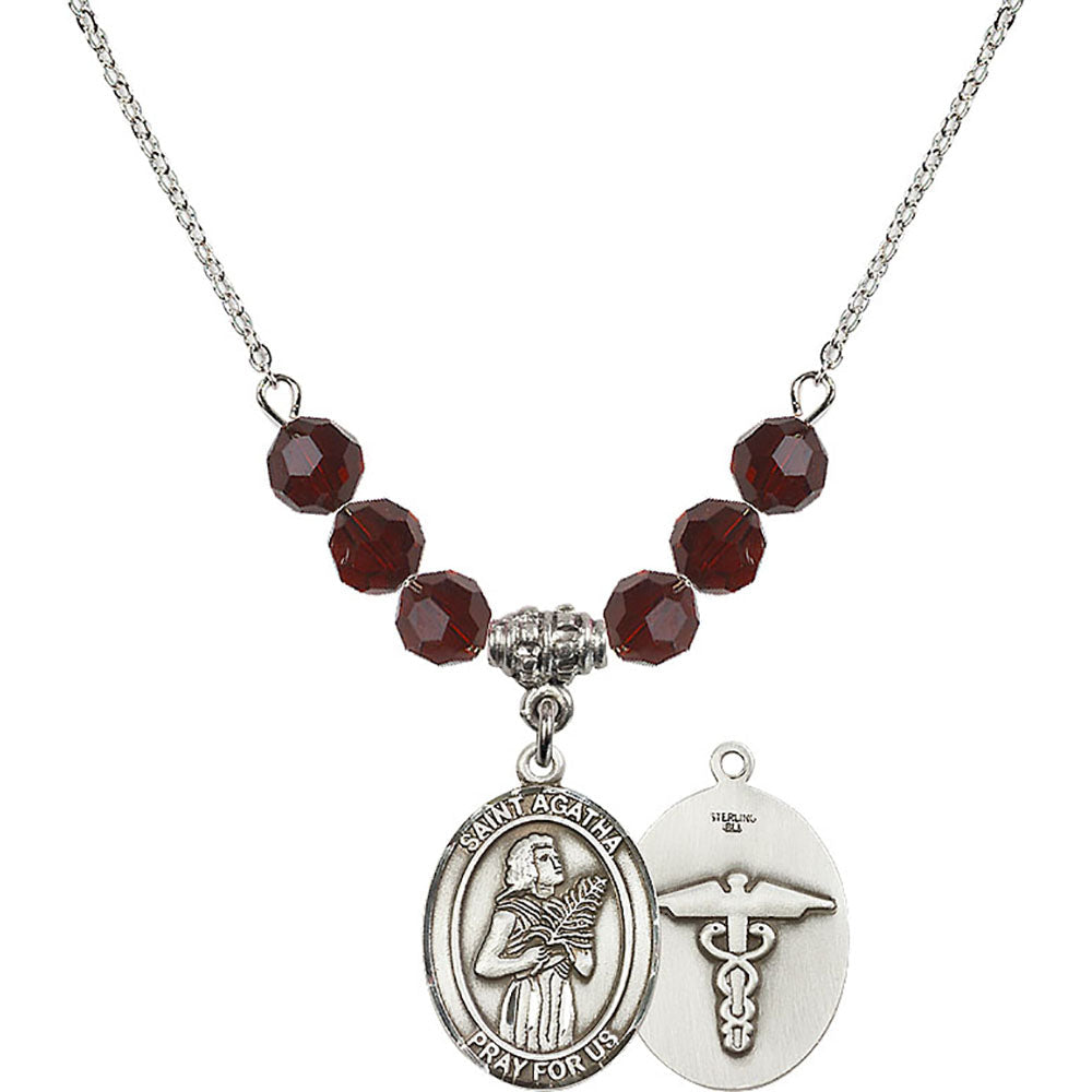 Sterling Silver Saint Agatha / Nurse Birthstone Necklace with Garnet Beads - 8003