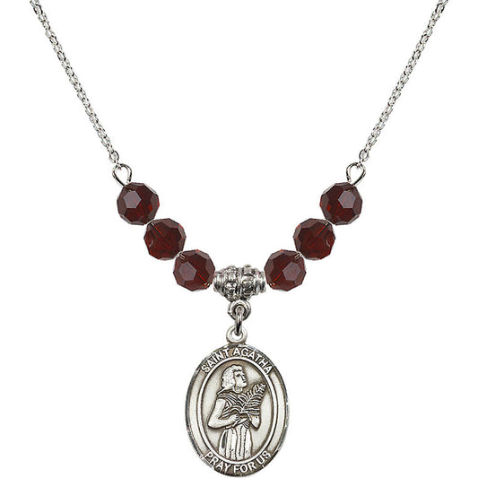 Sterling Silver Saint Agatha Birthstone Necklace with Garnet Beads - 8003