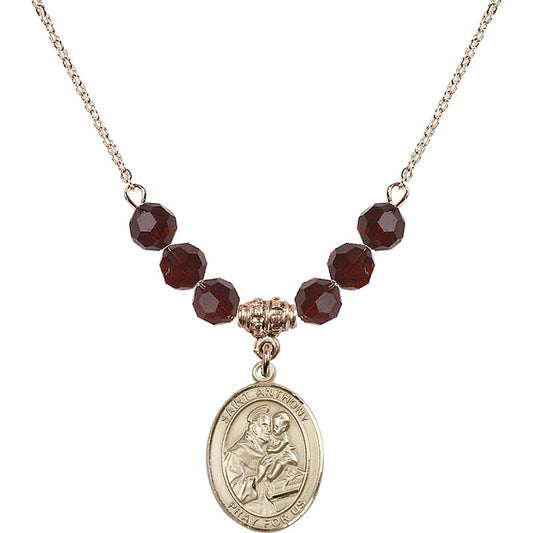 14kt Gold Filled Saint Anthony of Padua Birthstone Necklace with Garnet Beads - 8004