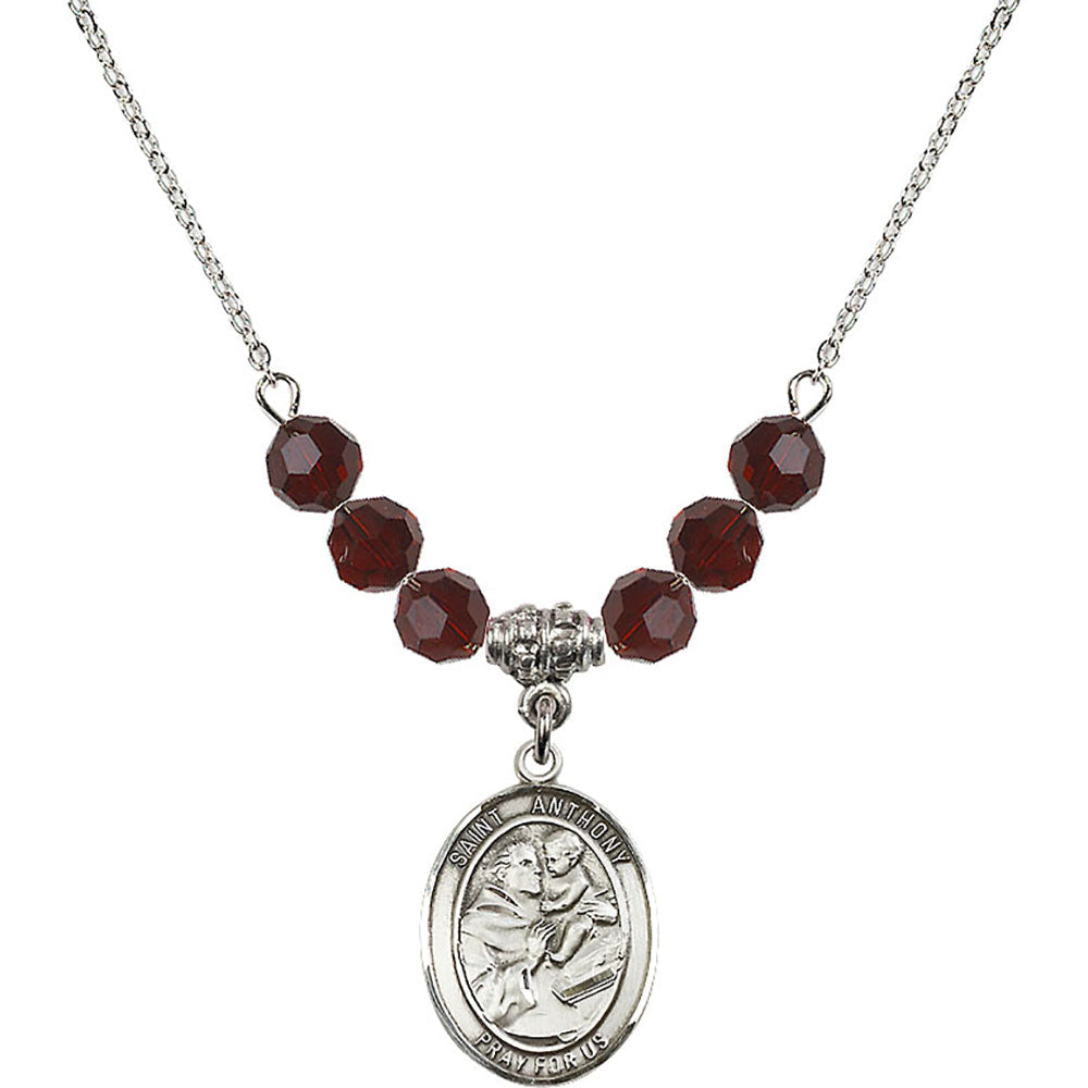 Sterling Silver Saint Anthony of Padua Birthstone Necklace with Garnet Beads - 8004