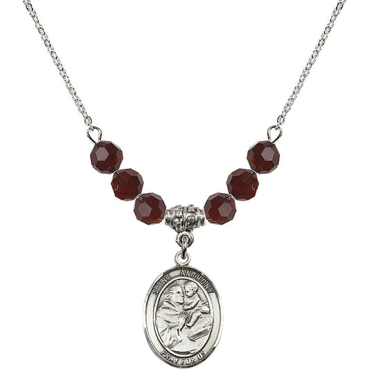 Sterling Silver Saint Anthony of Padua Birthstone Necklace with Garnet Beads - 8004