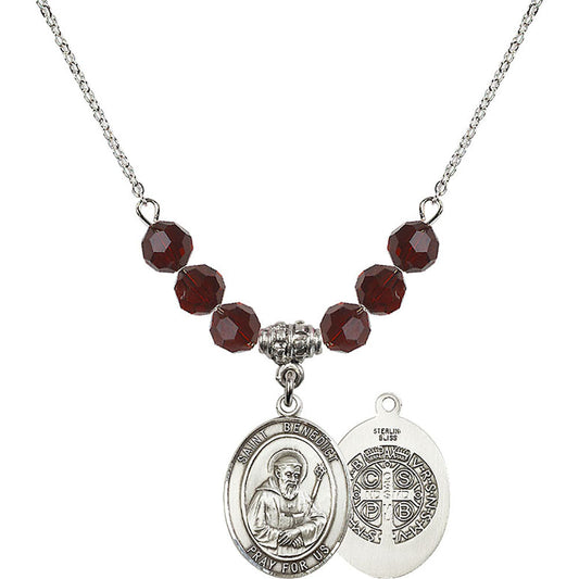 Sterling Silver Saint Benedict Birthstone Necklace with Garnet Beads - 8008