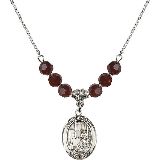 Sterling Silver Saint Benjamin Birthstone Necklace with Garnet Beads - 8013