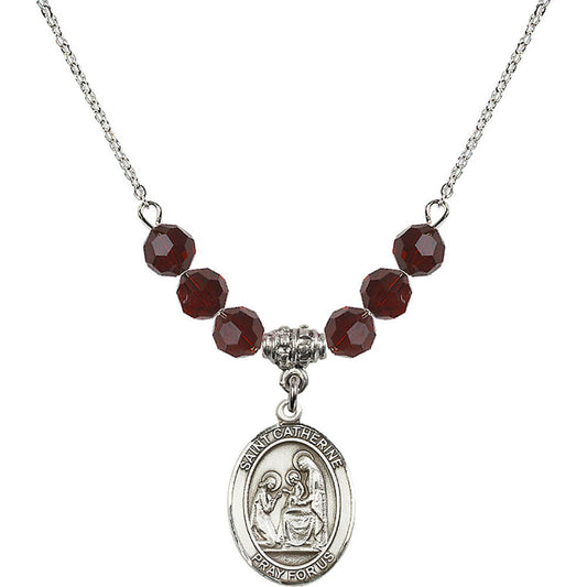 Sterling Silver Saint Catherine of Siena Birthstone Necklace with Garnet Beads - 8014