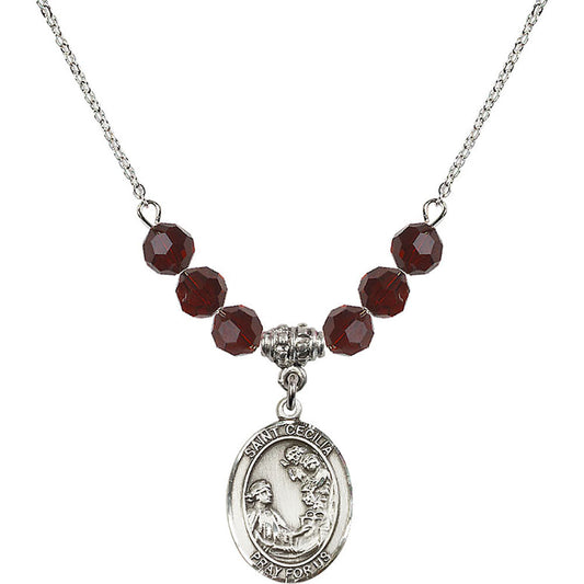 Sterling Silver Saint Cecilia Birthstone Necklace with Garnet Beads - 8016