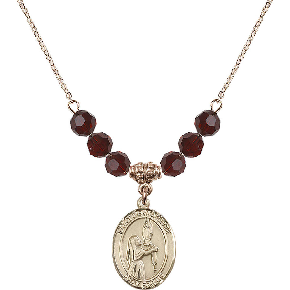 14kt Gold Filled Saint Bernadette Birthstone Necklace with Garnet Beads - 8017