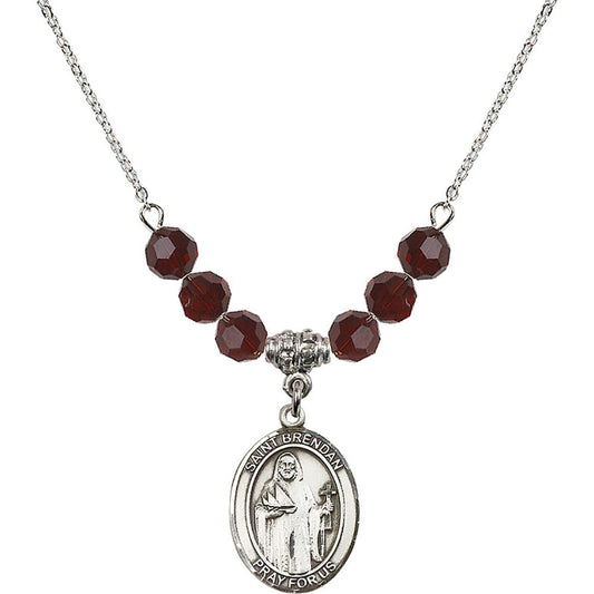 Sterling Silver Saint Brendan the Navigator Birthstone Necklace with Garnet Beads - 8018