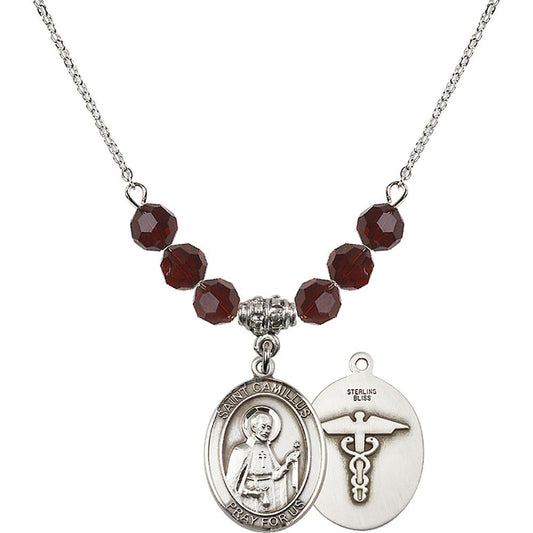 Sterling Silver Saint Camillus of Lellis / Nurse Birthstone Necklace with Garnet Beads - 8019