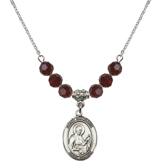 Sterling Silver Saint Camillus of Lellis Birthstone Necklace with Garnet Beads - 8019