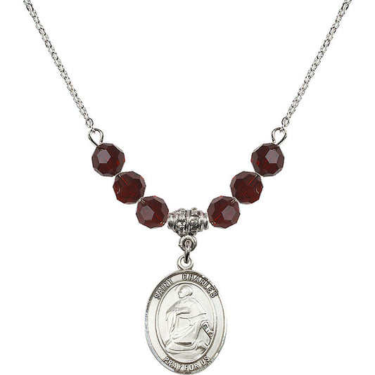 Sterling Silver Saint Charles Borromeo Birthstone Necklace with Garnet Beads - 8020