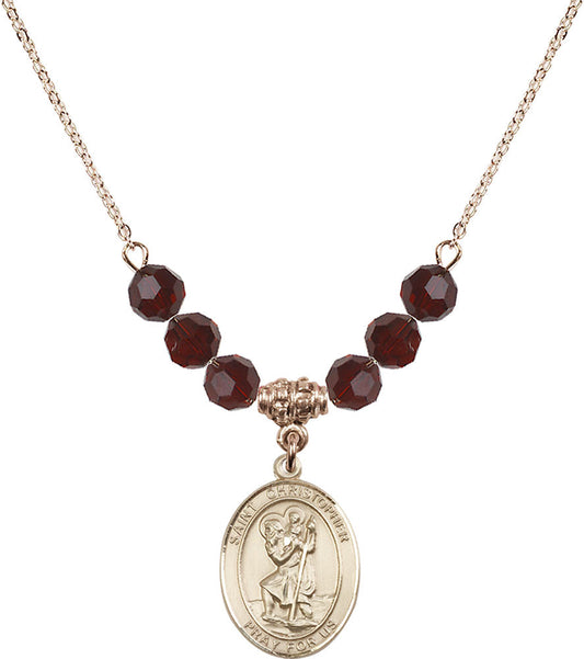 14kt Gold Filled Saint Christopher Birthstone Necklace with Garnet Beads - 8022