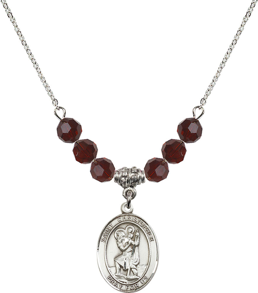 Sterling Silver Saint Christopher Birthstone Necklace with Garnet Beads - 8022