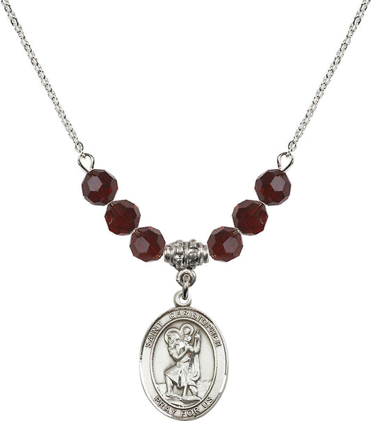 Sterling Silver Saint Christopher Birthstone Necklace with Garnet Beads - 8022