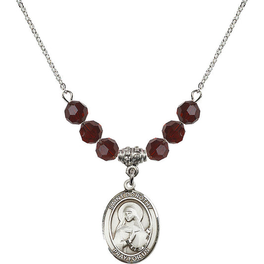 Sterling Silver Saint Dorothy Birthstone Necklace with Garnet Beads - 8023