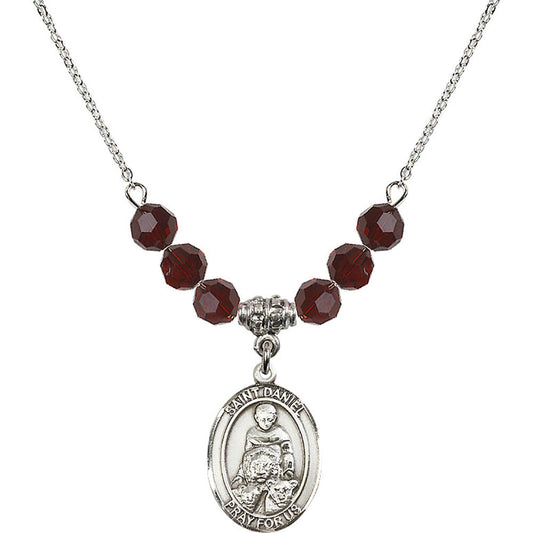Sterling Silver Saint Daniel Birthstone Necklace with Garnet Beads - 8024