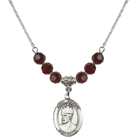 Sterling Silver Saint Edward the Confessor Birthstone Necklace with Garnet Beads - 8026