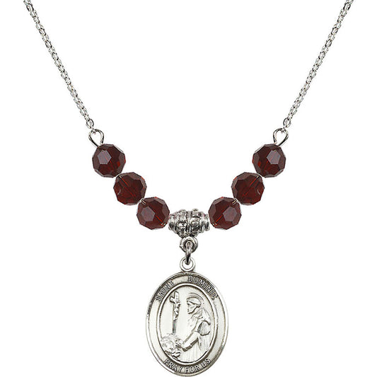 Sterling Silver Saint Dominic de Guzman Birthstone Necklace with Garnet Beads - 8030
